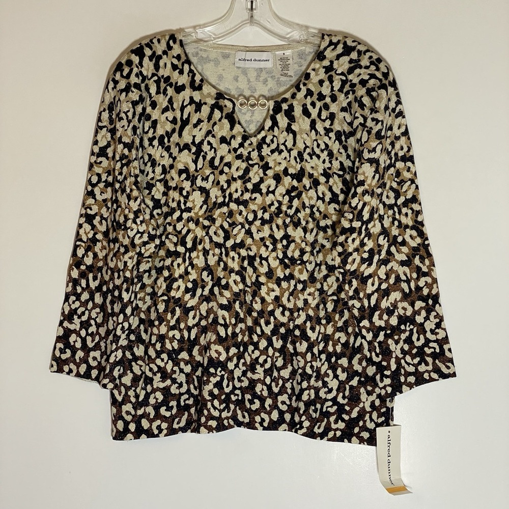Alfred Dunner Top Womens Small Brown Animal Print Metal Accent Neckline Boho S